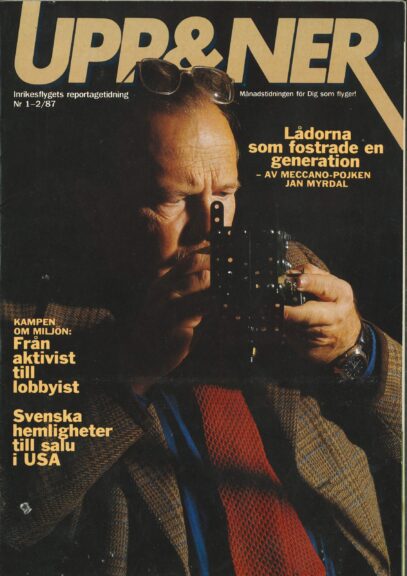 Omslag Inrikesflygets reportagetidning nr 1-2 1987. Bilden föreställer Jan Myrdal som bygger med Meccano.